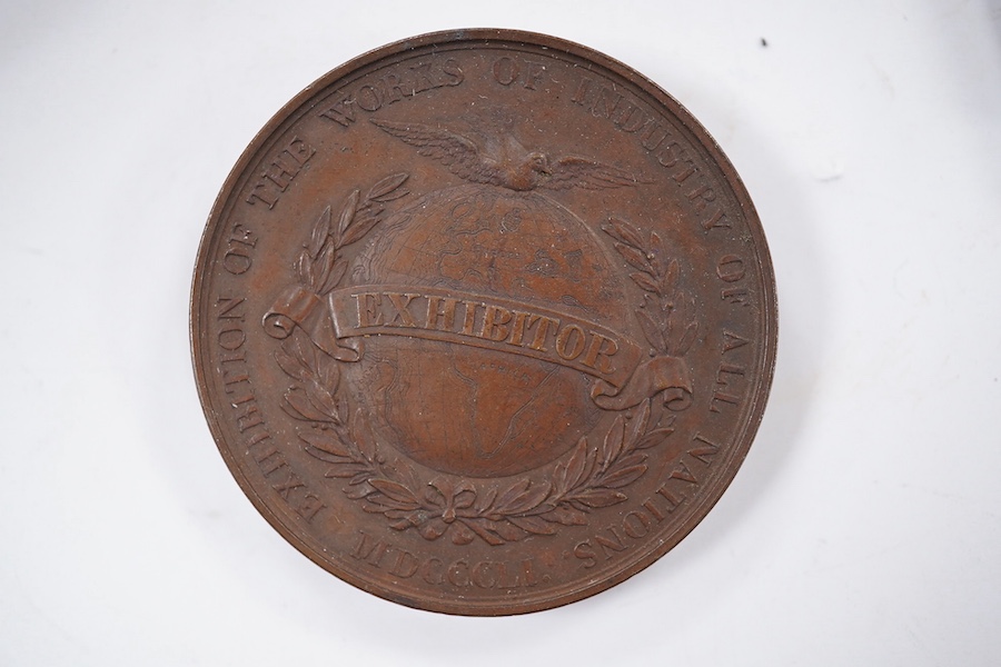 British commemorative medals, James Watt bronze medal, c.1826, 62.3mm, by T. and A.J. Stothard, cased, Wellington created Earl bronze medal, Parliamentary tribute 1812, by T Webb, two Exhibition of the Works of Industry